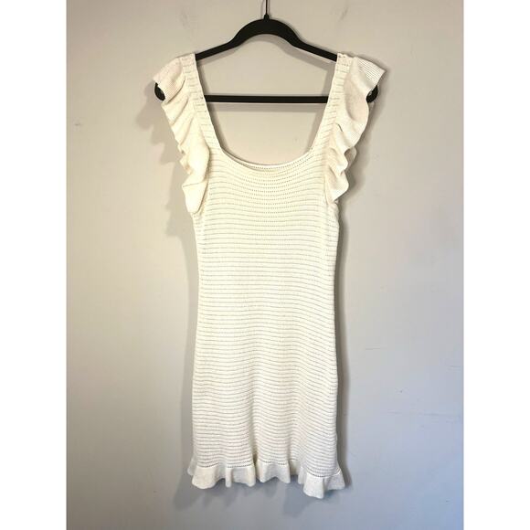 Anthropologie Ruffled Pointelle Knit Mini Dress Square Neck Ivory Cream Womens S - Picture 4 of 11